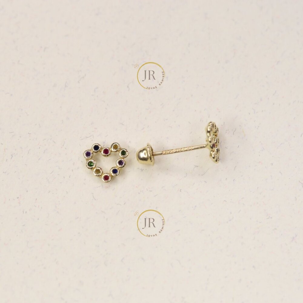 14K Yellow Gold Heart Stud Earrings with Rainbow Colors · Dainty & Elegant. - Picture 4 of 8